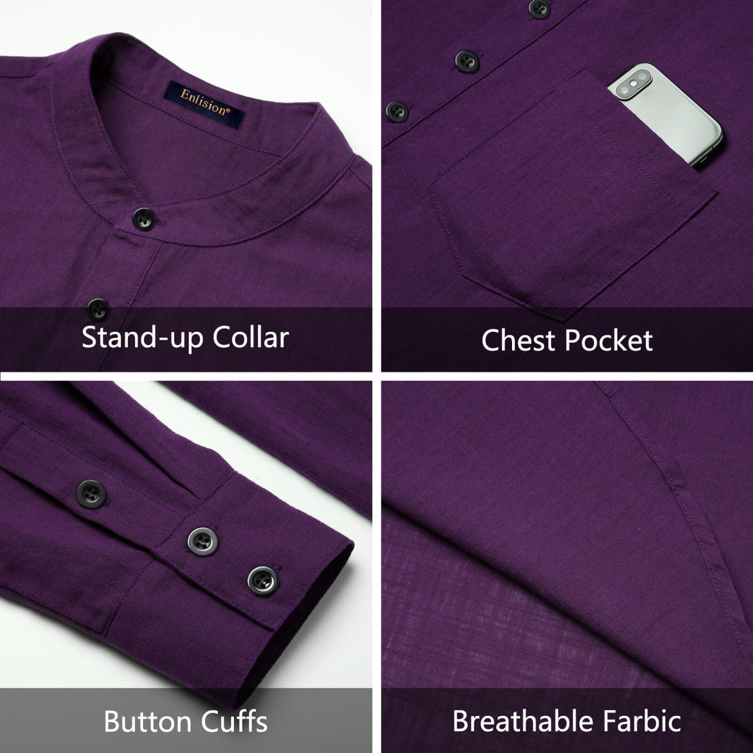 Hisdern Men's Purple Henley Long Sleeve Shirt Casual Button-Up Style