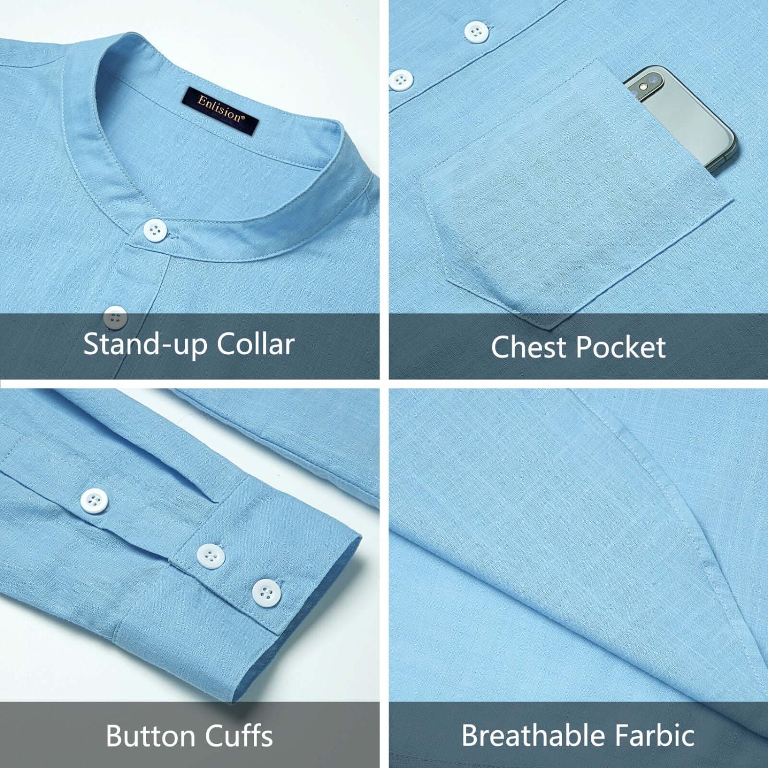 Hisdern Men's Sky Blue Henley Long Sleeve Shirt Casual Button-Up Style