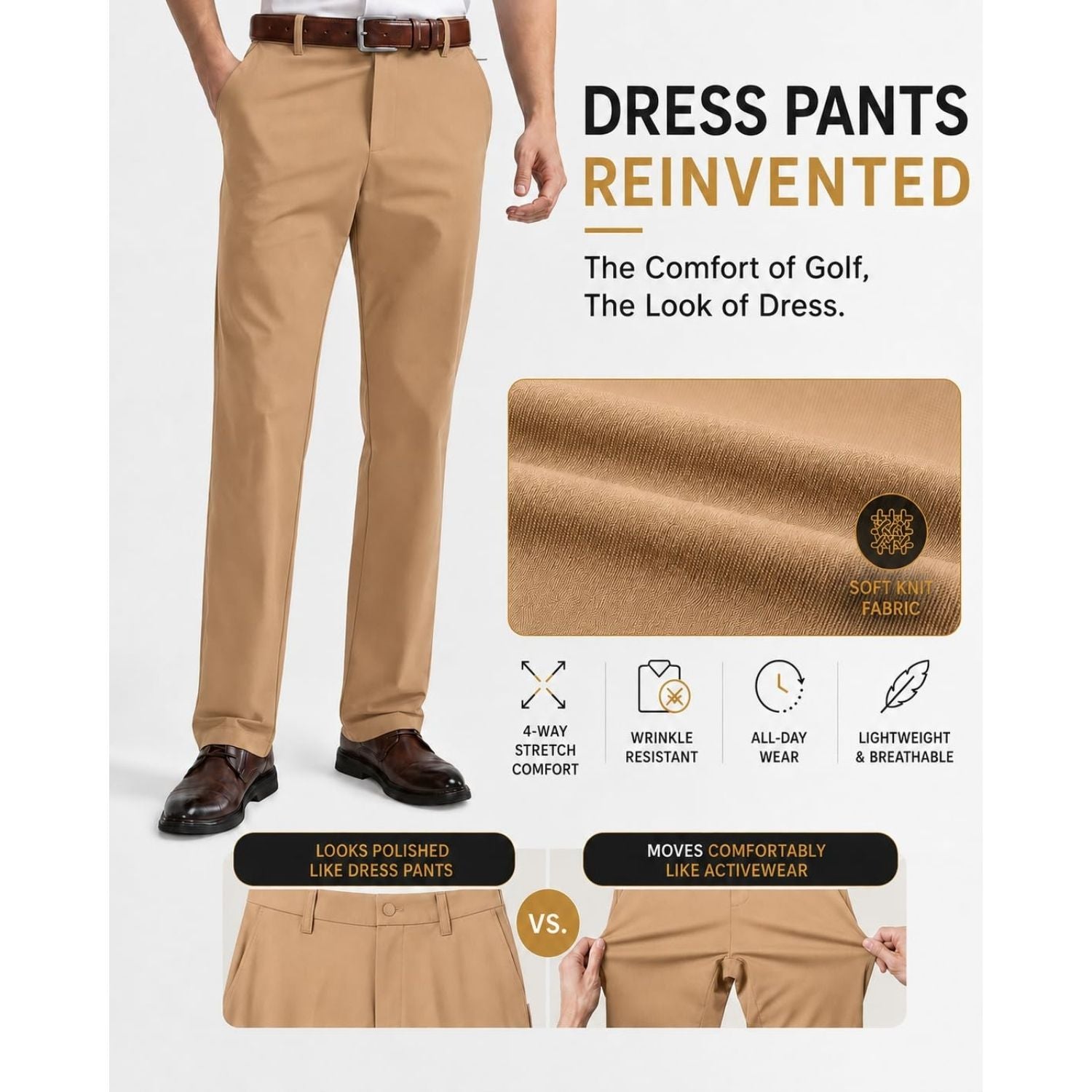 Hisdern Flex 501 Men's Golf Pants Dark Khaki Classic Fit Stretch for Golf Business