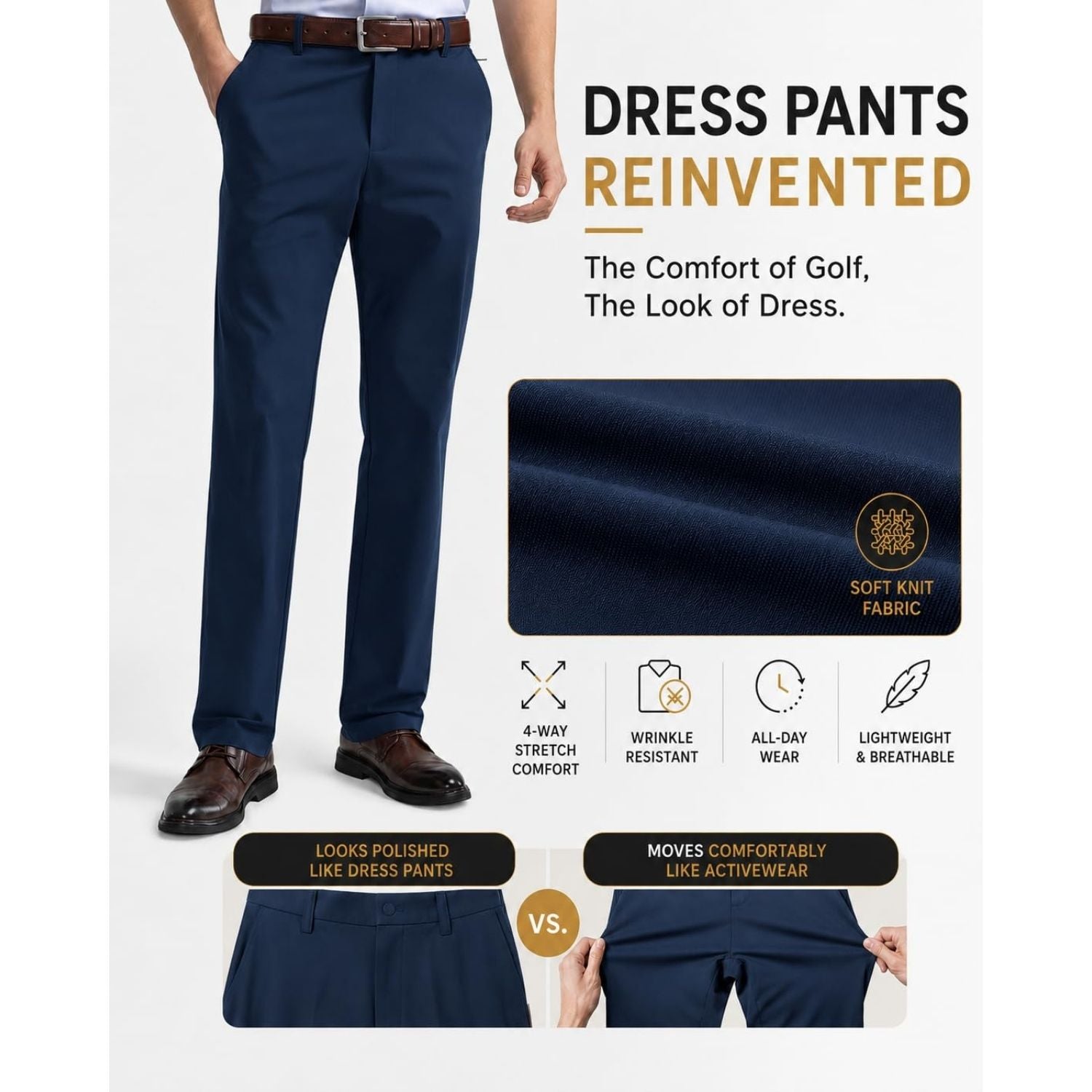 Hisdern Flex 501 Men's Golf Pants Navy Blue Classic Fit Stretch for Golf Business