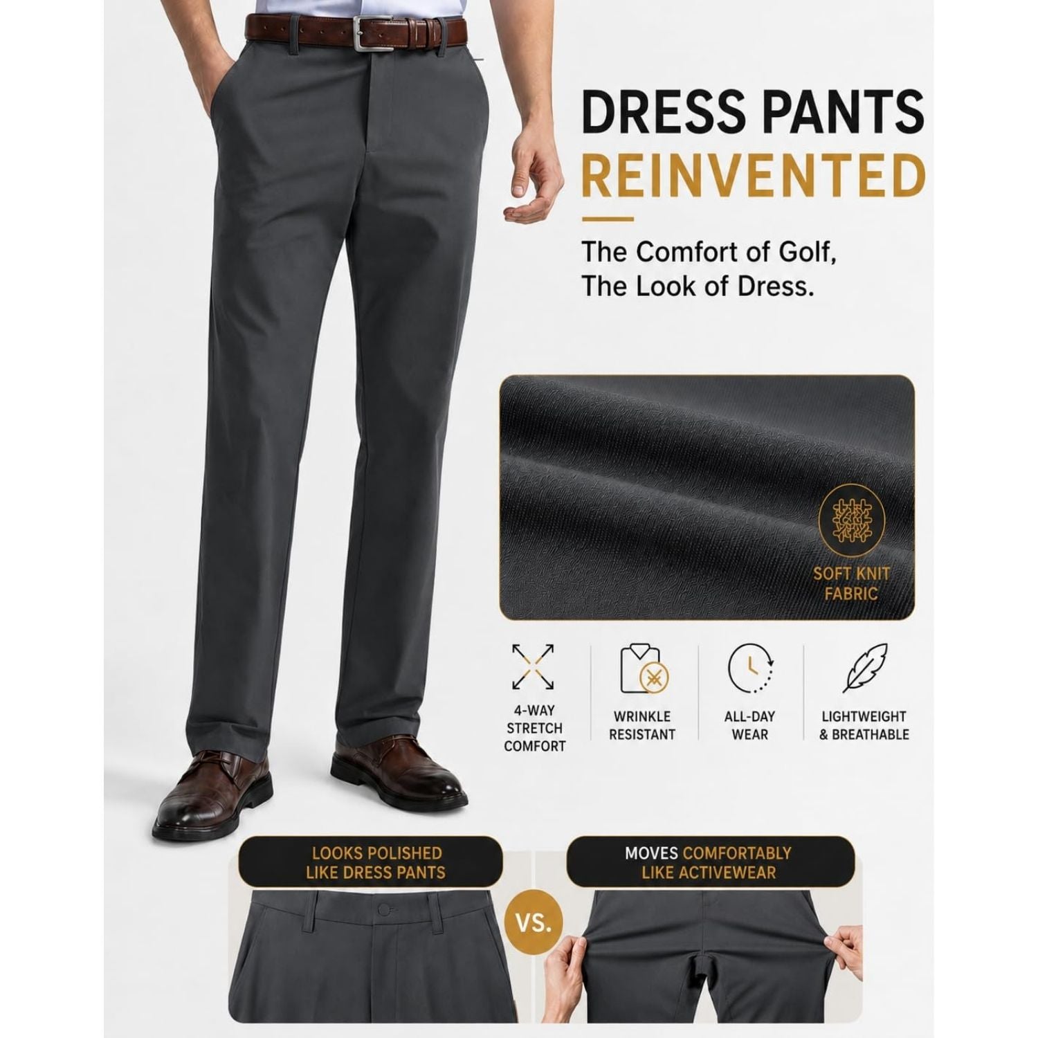 Hisdern Flex 501 Men's Golf Pants Dark Gray Classic Fit Stretch for Golf Business