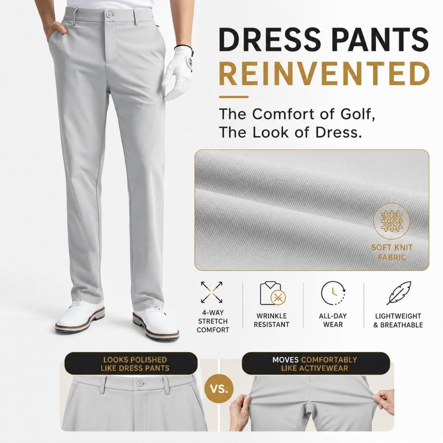 Hisdern Flex 501 Men's Golf Pants Silver Gray Classic Fit Stretch for Golf Business