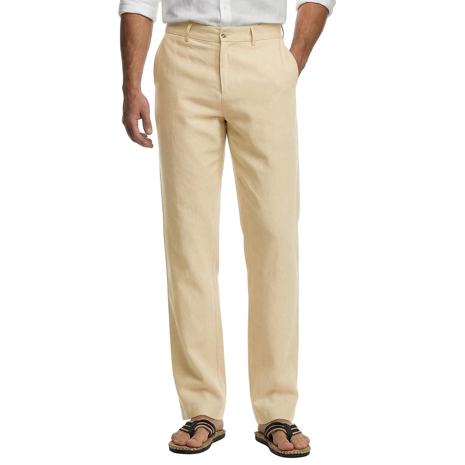 Hisdern Men's Breathable Khaki Linen Trousers Lightweight Summer Casual Pants