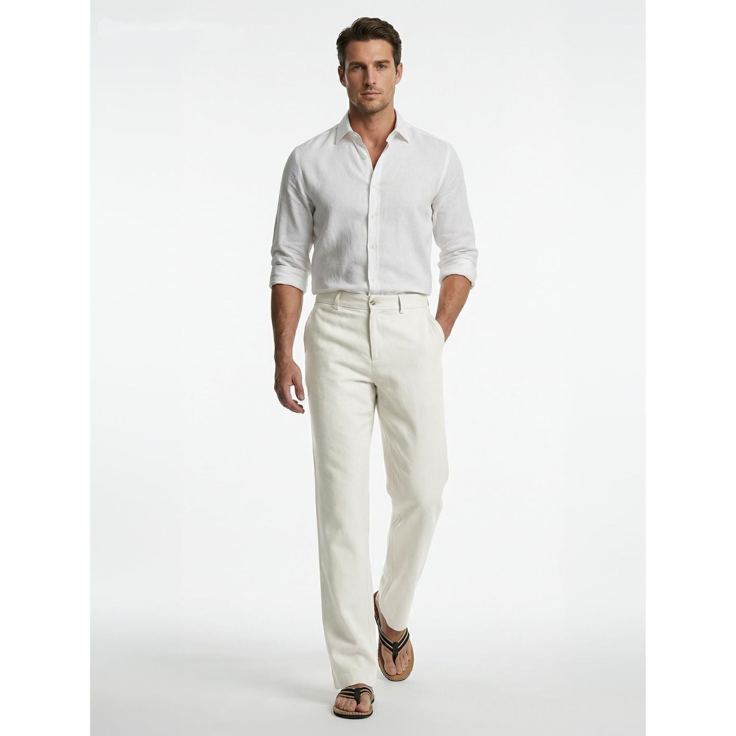 Hisdern Men's Breathable White Linen Trousers Lightweight Summer Casual Pants