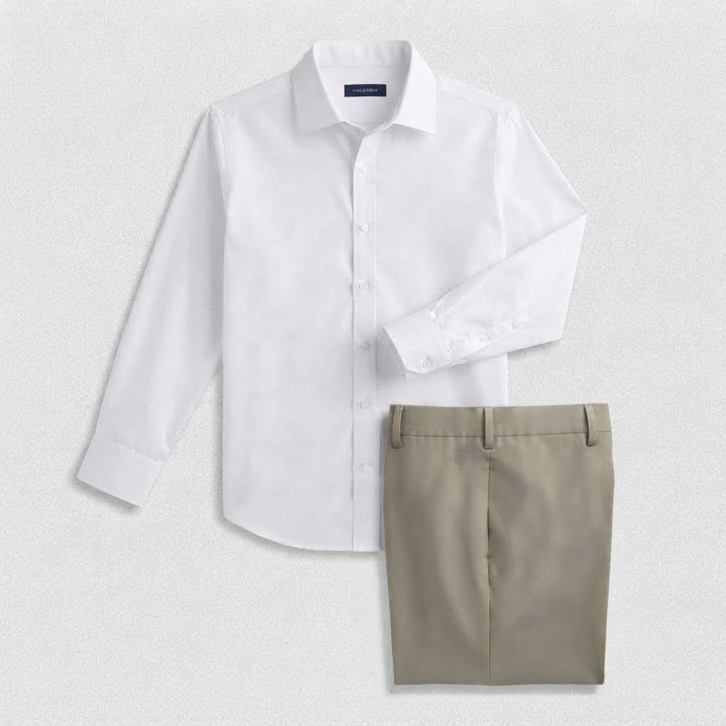 Hisdern Men's White Dress Shirt and Olive Flex Stretch Wide-Leg Dress Pants Smart Casual Coordinated Set