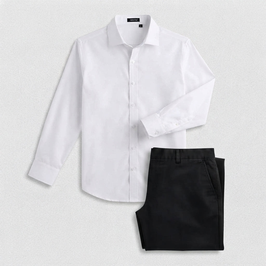 Hisdern Men's White Dress Shirt and Black Flex Stretch Wide-Leg Dress Pants Smart Casual Coordinated Set