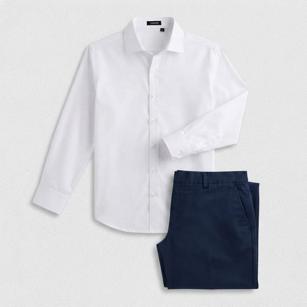 Hisdern Men's White Dress Shirt and Navy Blue Flex Stretch Wide-Leg Dress Pants Smart Casual Coordinated Set