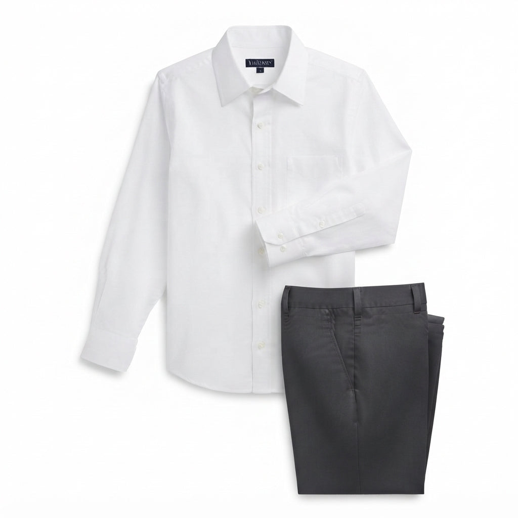 Hisdern Men's White Dress Shirt and Dark Grey Flex Classic Pants Smart Casual Coordinated Set