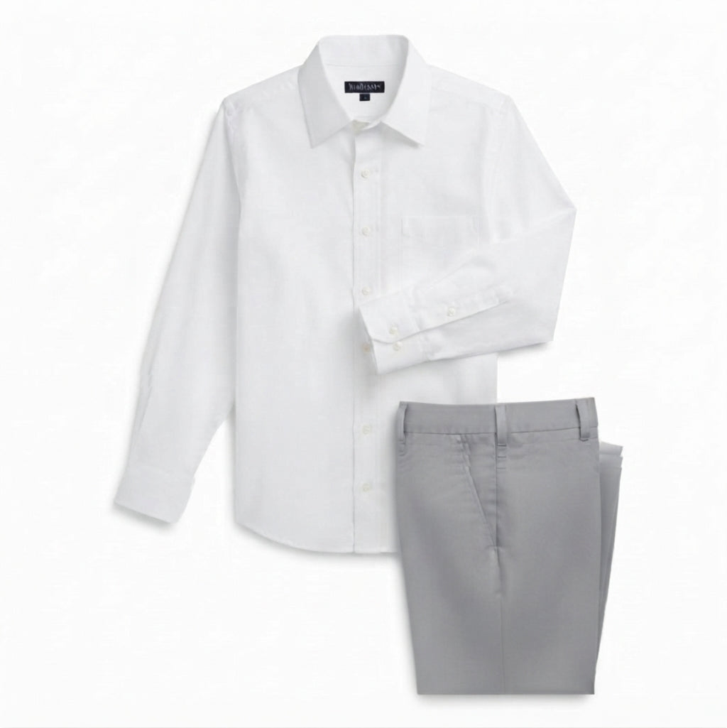 Hisdern Men's White Dress Shirt and Silver Grey Flex Classic Pants Smart Casual Coordinated Set