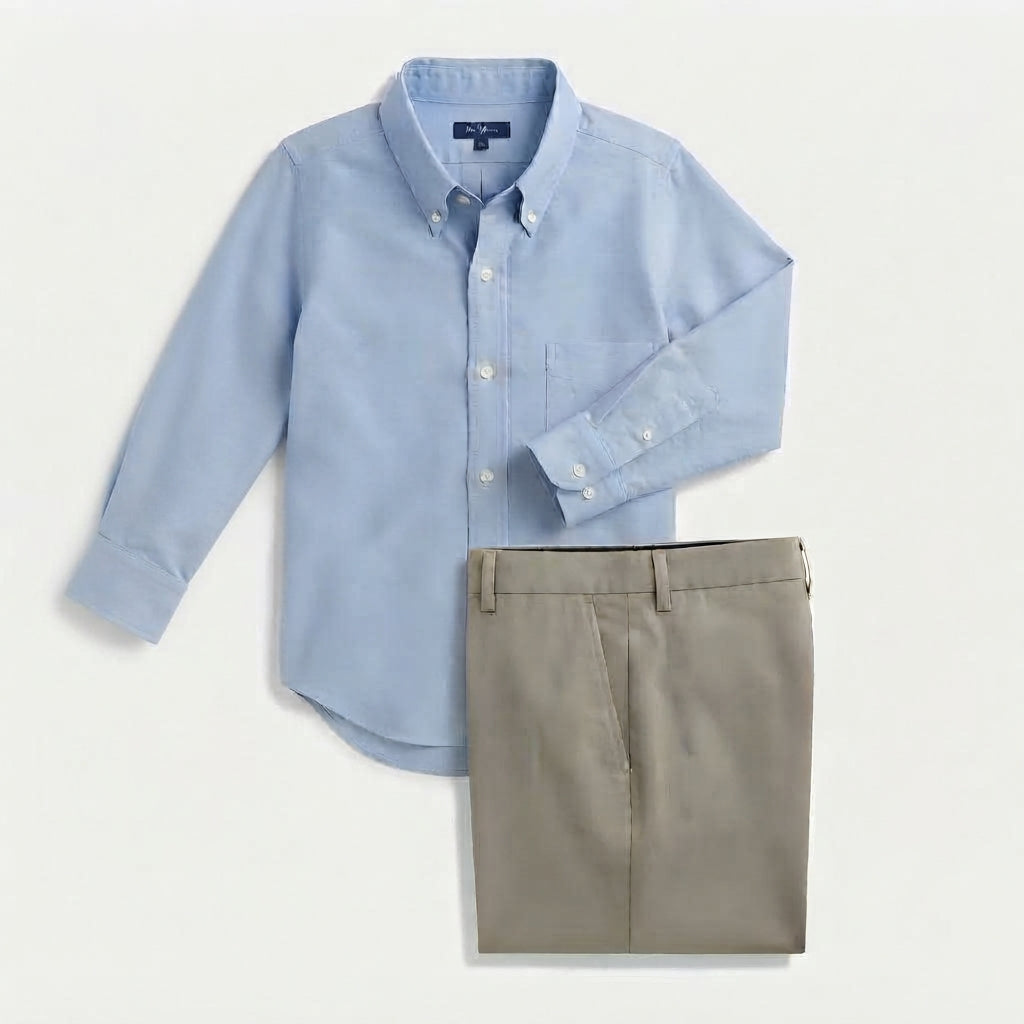 Hisdern Men's Blue Oxford Long Sleeve Shirt and Olive Green Flex Stretch Wide-Leg Dress Pants Matching Set