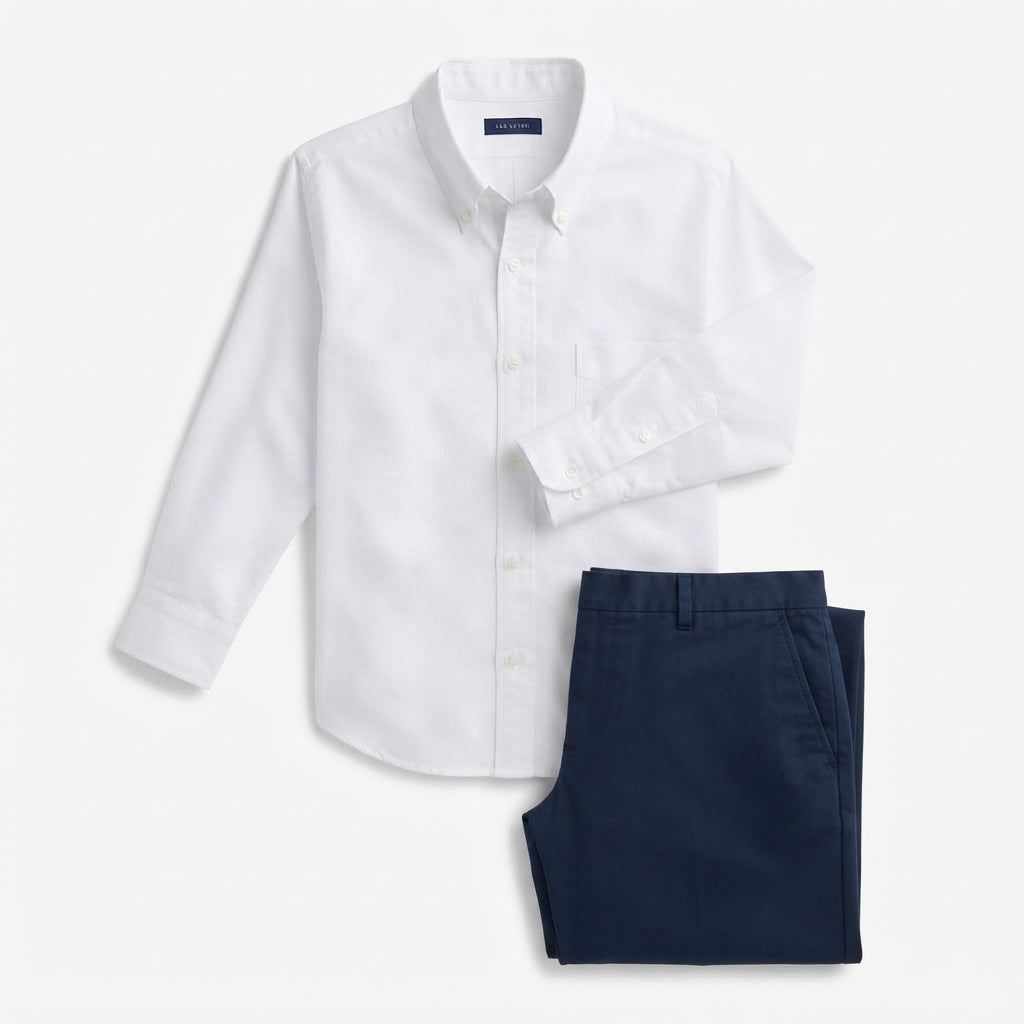 Hisdern Men's White Oxford Long Sleeve Shirt and Navy Blue Flex Stretch Wide-Leg Dress Pants Matching Set