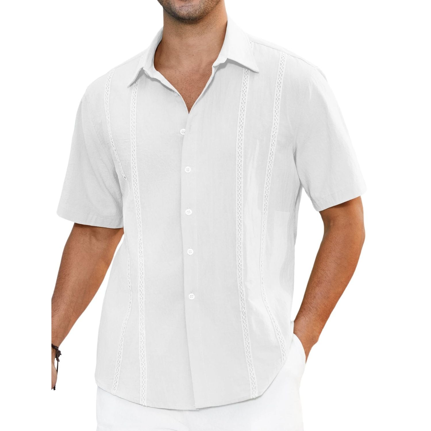 Hisdern Cuban Style White Linen Guayabera Shirt Casual Summer Beach Top