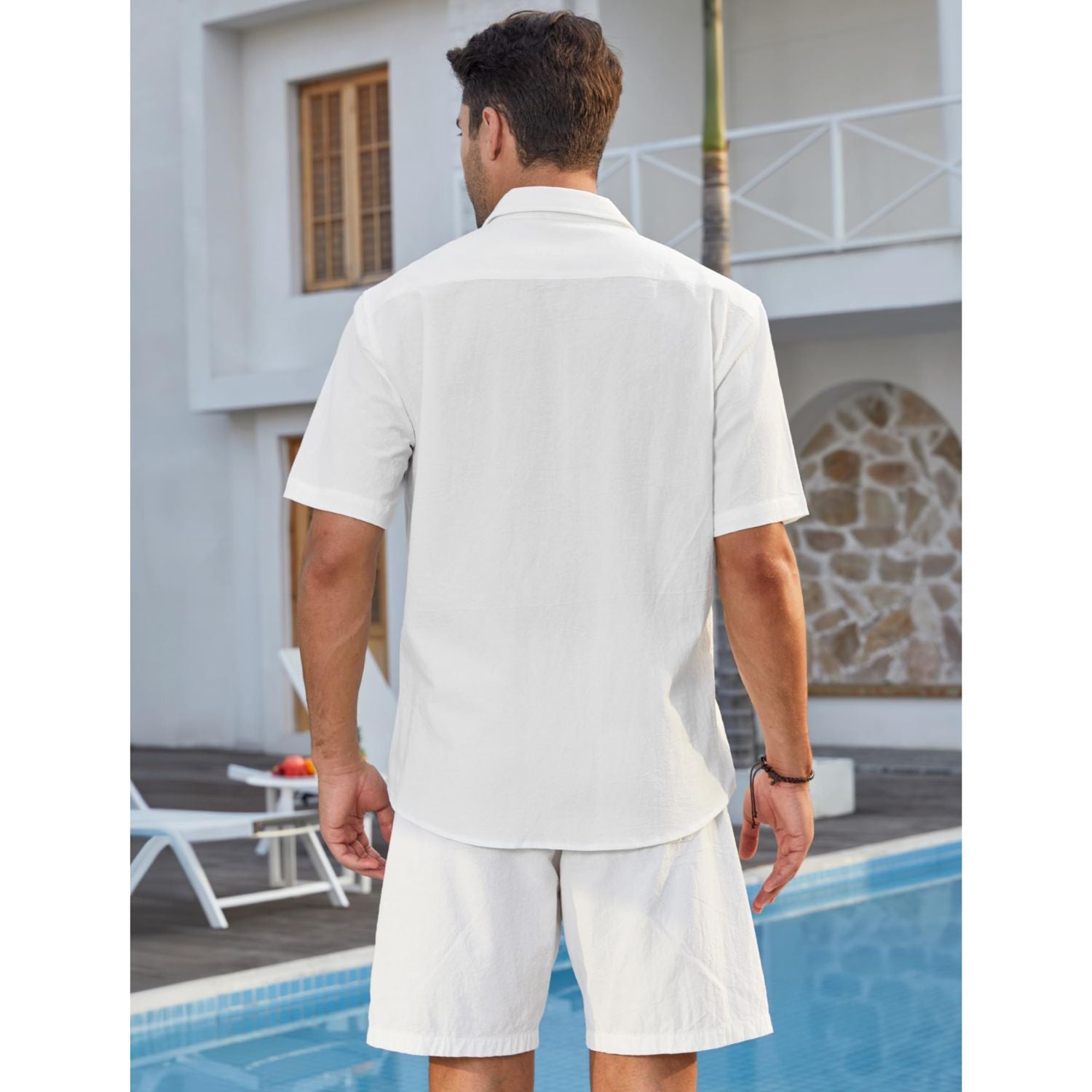 Hisdern Cuban Style White Linen Guayabera Shirt Casual Summer Beach Top