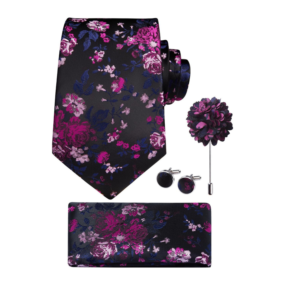 Hisdern Men's Floral 4-Piece Tie Set in Black Rose Pink for Weddings & Formal Wear