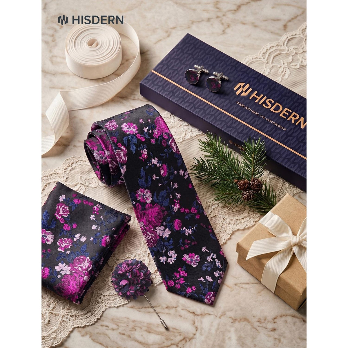 Hisdern Men's Floral 4-Piece Tie Set in Black Rose Pink for Weddings & Formal Wear