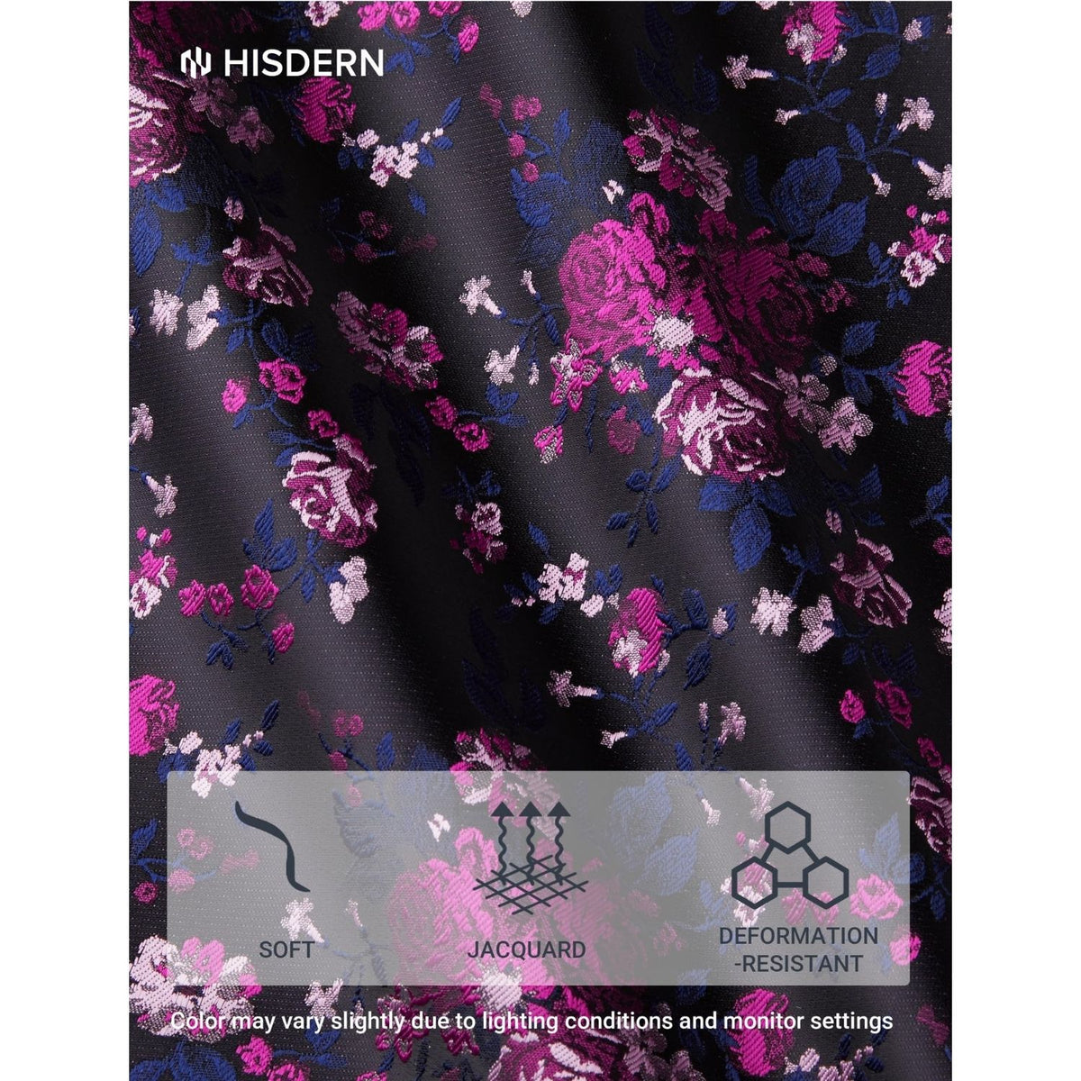 Hisdern Men's Floral 4-Piece Tie Set in Black Rose Pink for Weddings & Formal Wear