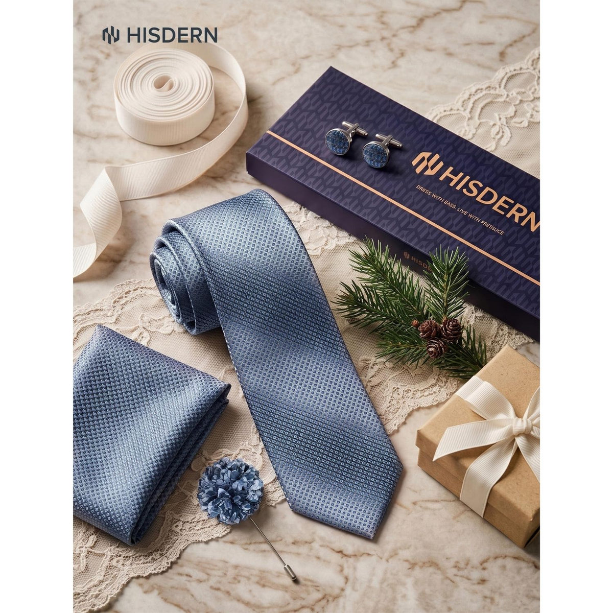 Hisdern Men's Houndstooth 4-Piece Tie Set in Blue Gray for Weddings & Formal Wear