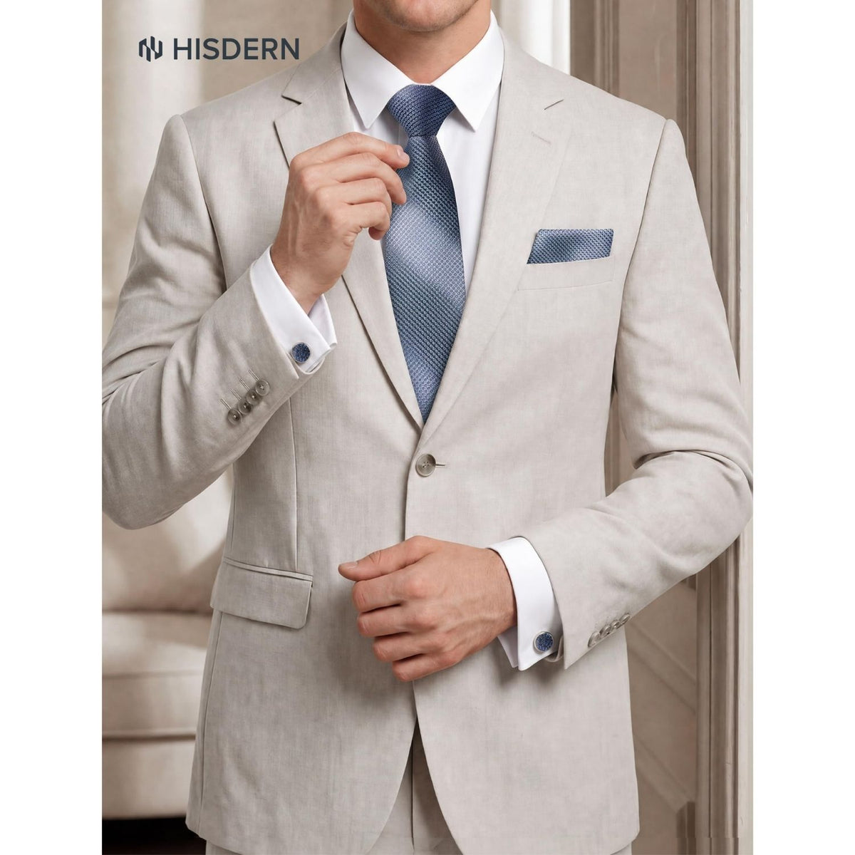 Hisdern Men's Houndstooth 4-Piece Tie Set in Blue Gray for Weddings & Formal Wear