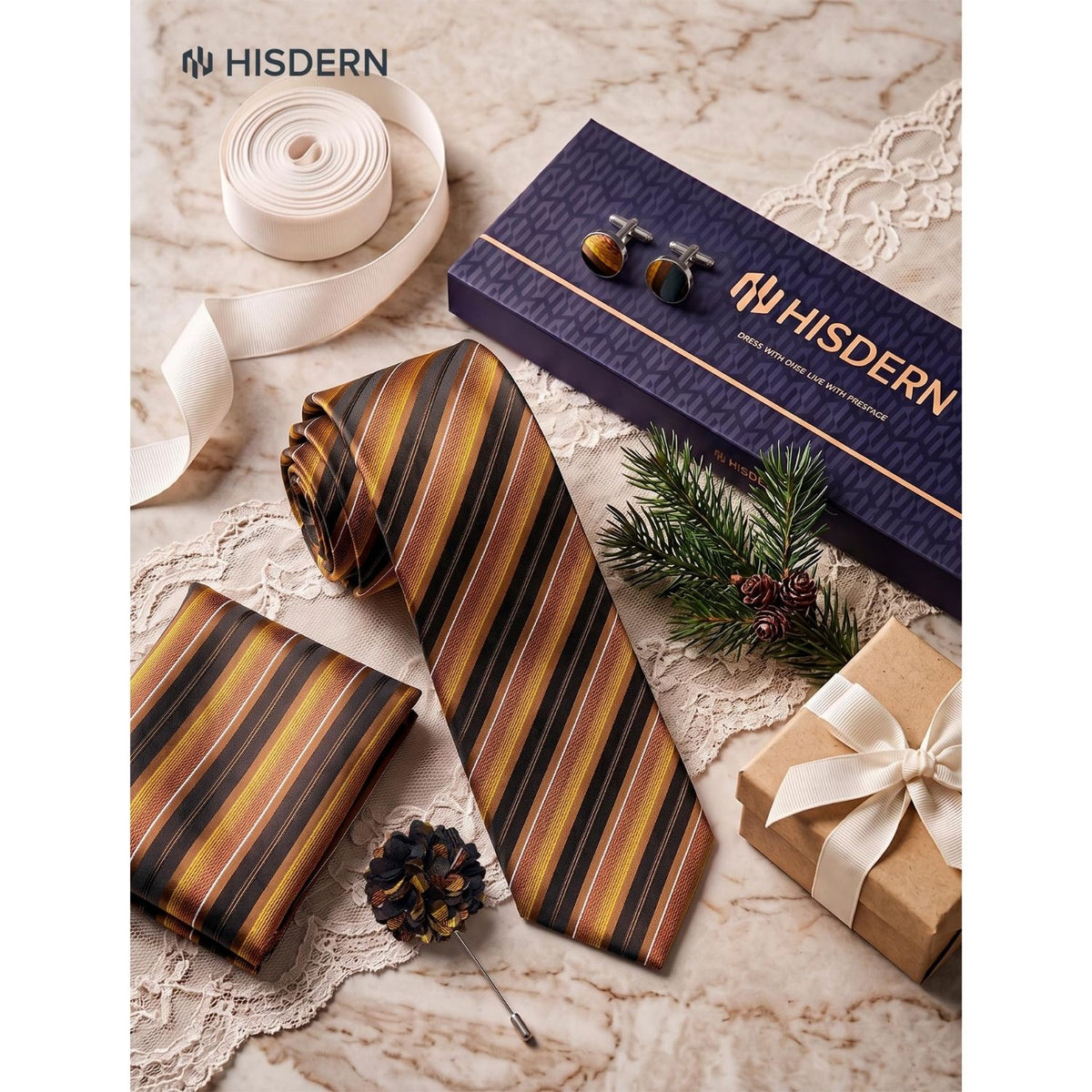 Hisdern Men's Striped 4-Piece Tie Set in Brown Burnt Orange for Weddings & Formal Wear