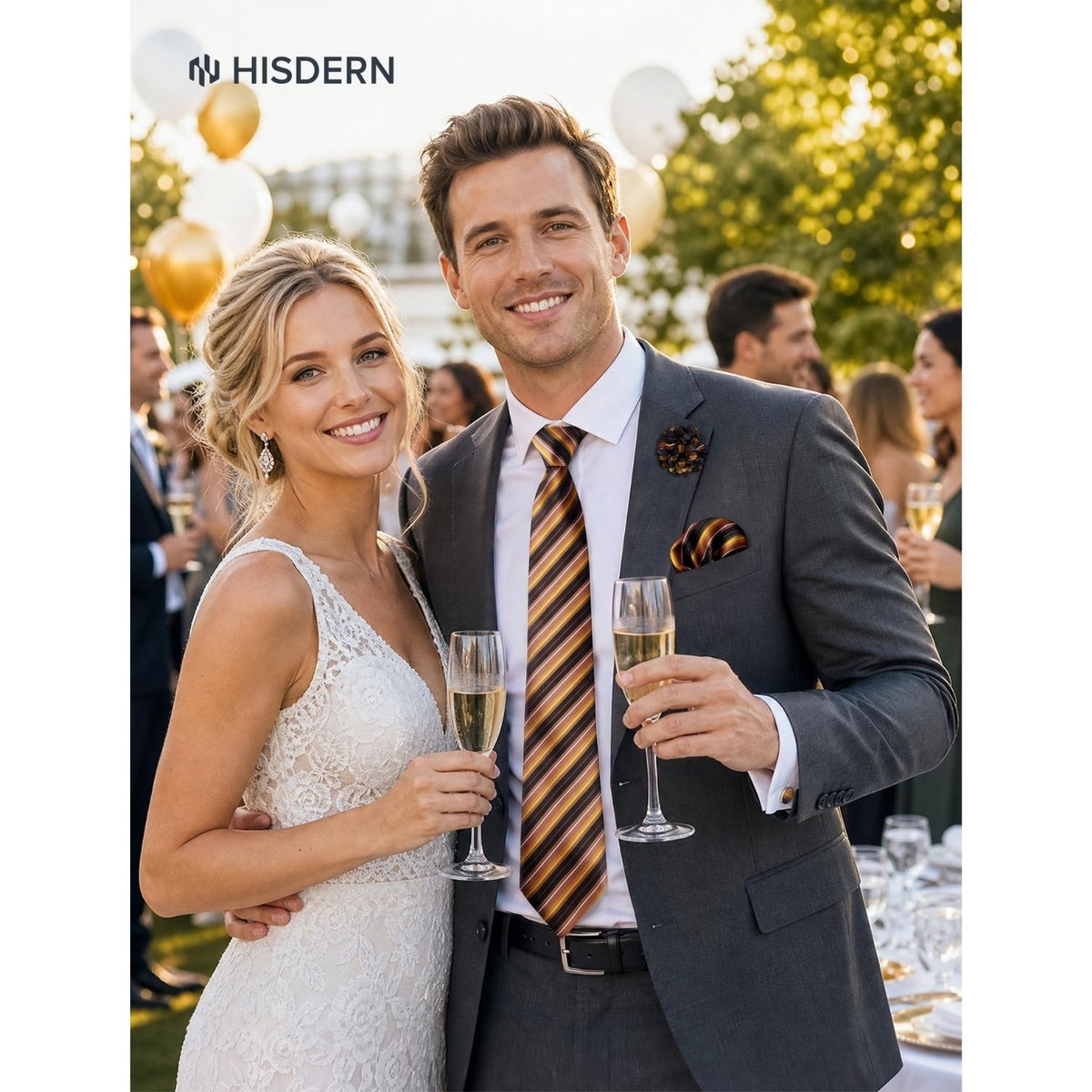 Hisdern Men's Striped 4-Piece Tie Set in Brown Burnt Orange for Weddings & Formal Wear