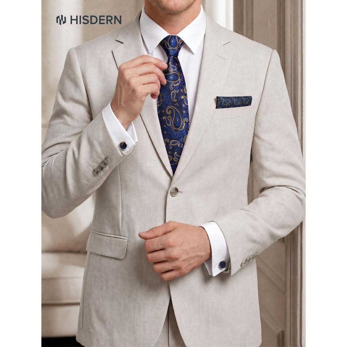 Hisdern Men's Floral 4-Piece Tie Set in Royal Blue & Gold for Weddings & Formal Wear