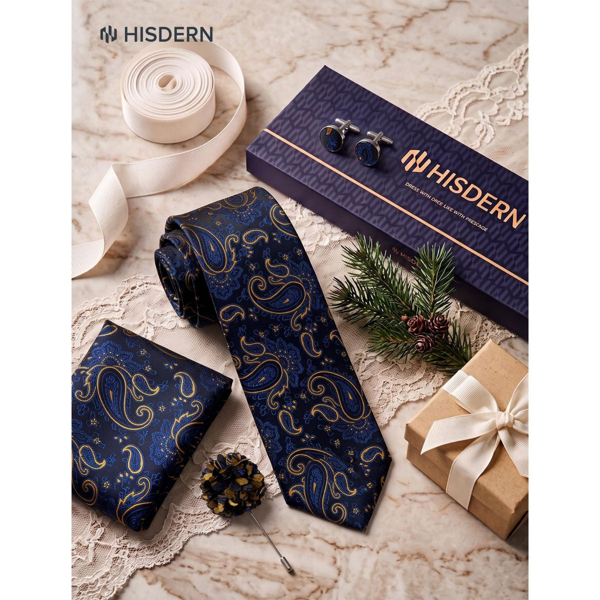 Hisdern Men's Floral 4-Piece Tie Set in Royal Blue & Gold for Weddings & Formal Wear