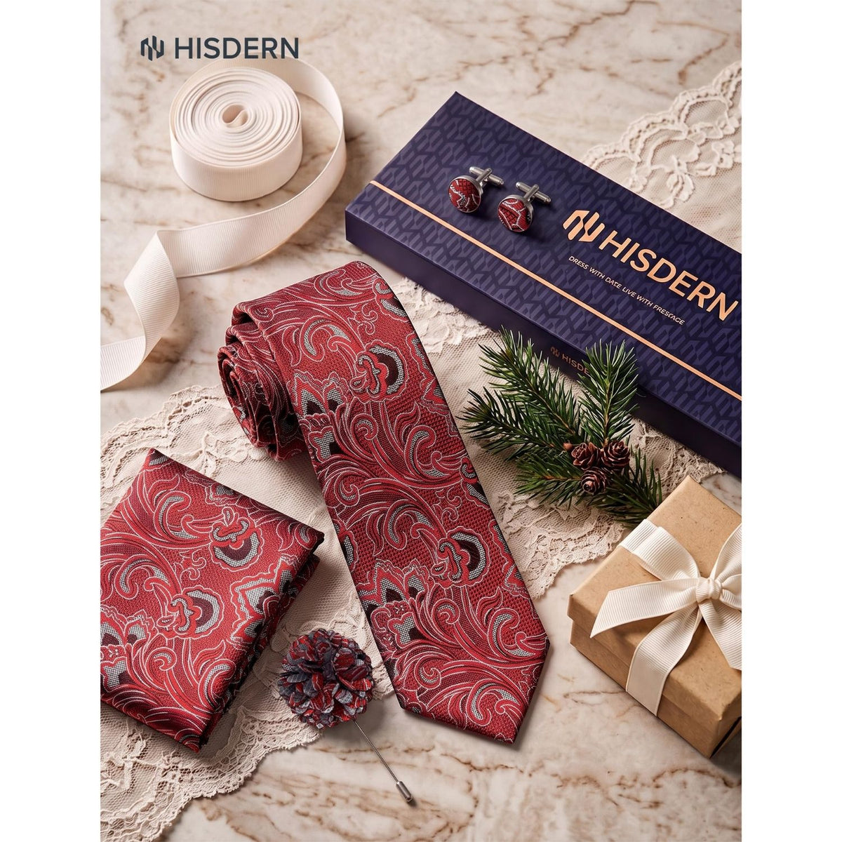 Hisdern Men's Paisley 4-Piece Tie Set in Bright Red for Weddings & Formal Wear