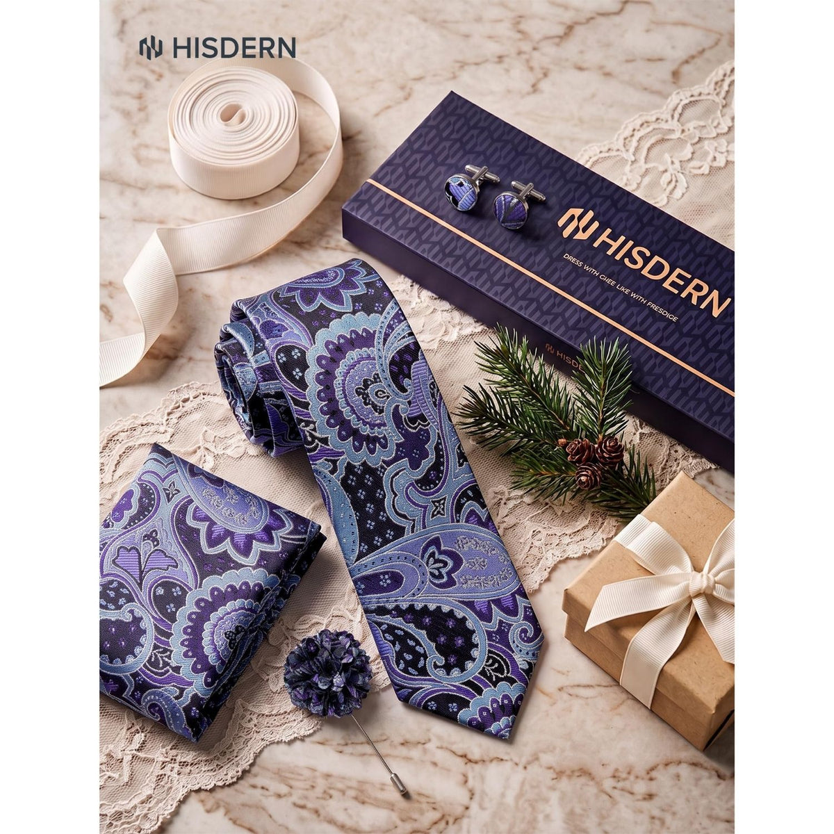 Hisdern Men's Paisley 4-Piece Tie Set in Purple ice Blue for Weddings & Formal Wear