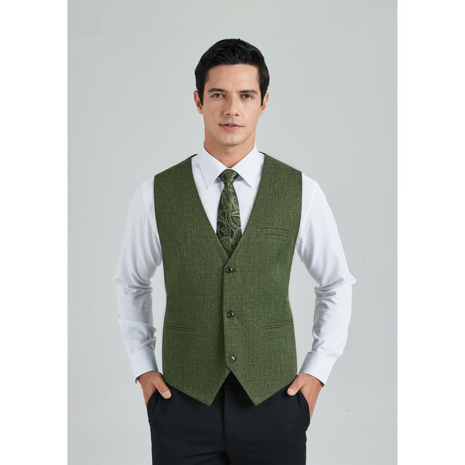 Hisdern Men's Army Green Satin Suit Vest Formal Wear