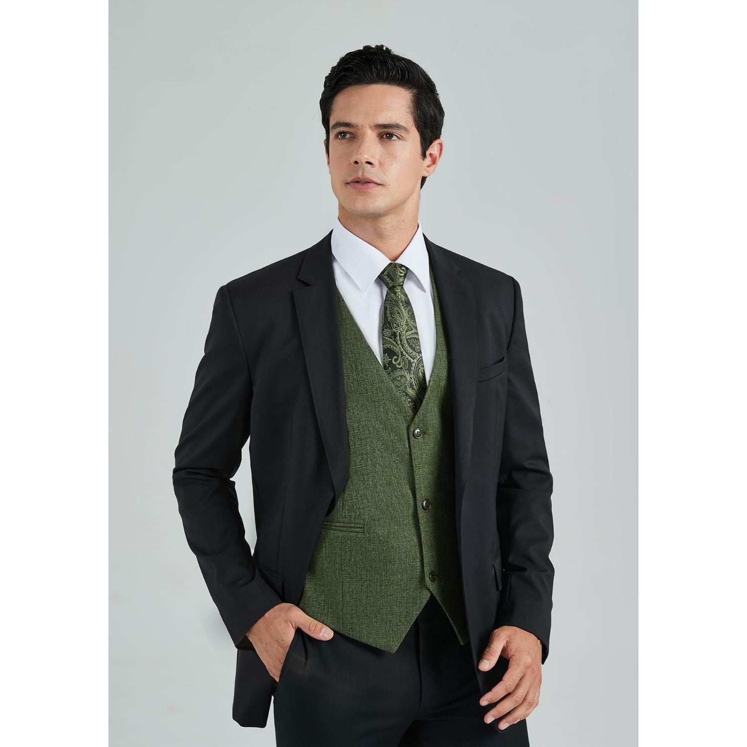 Hisdern Men's Army Green Satin Suit Vest Formal Wear
