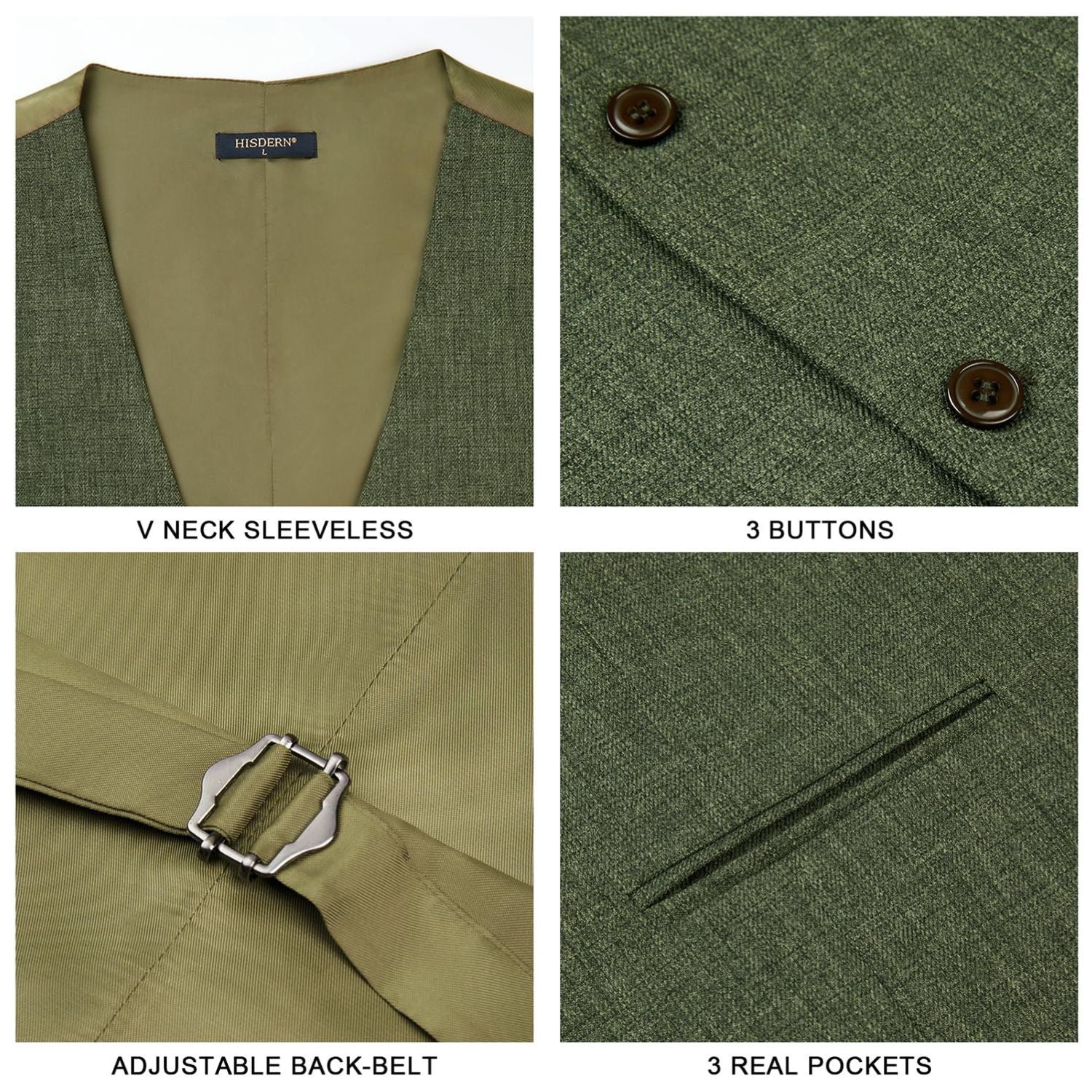 Hisdern Men's Army Green Satin Suit Vest Formal Wear