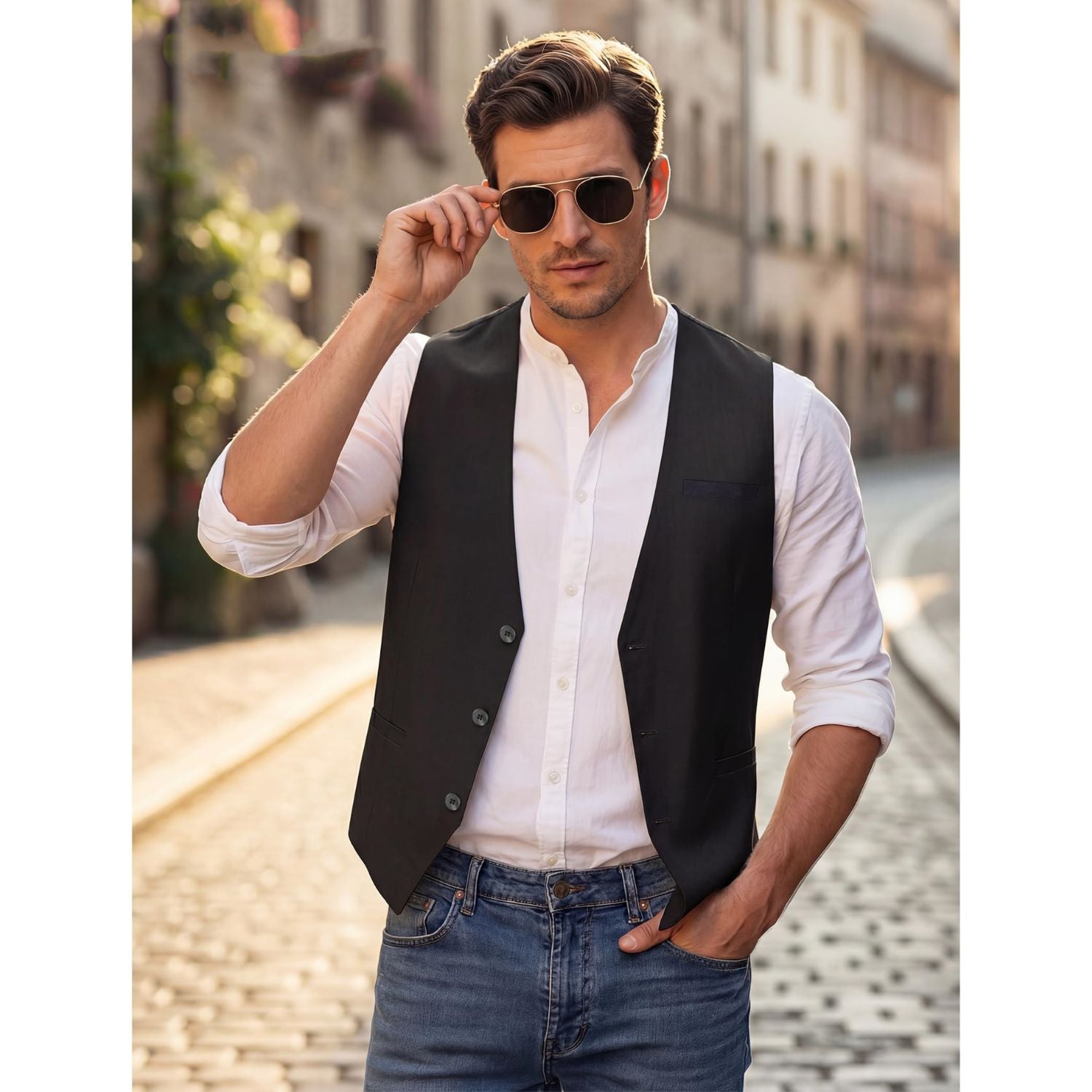 Hisdern Men's Black Casual Linen Vest Lightweight Summer Waistcoat