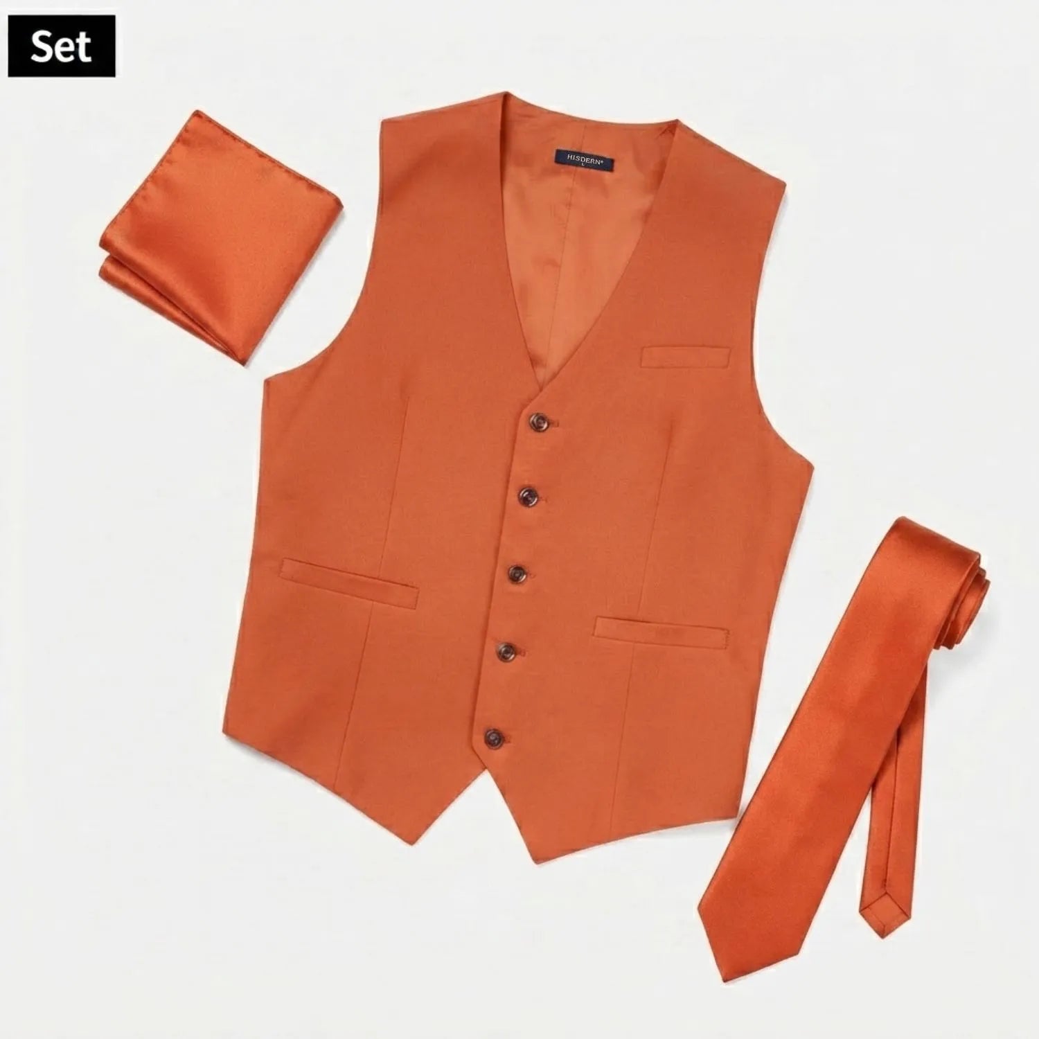 Hisdern Burnt Orange Satin Vest and Solid Tie Set