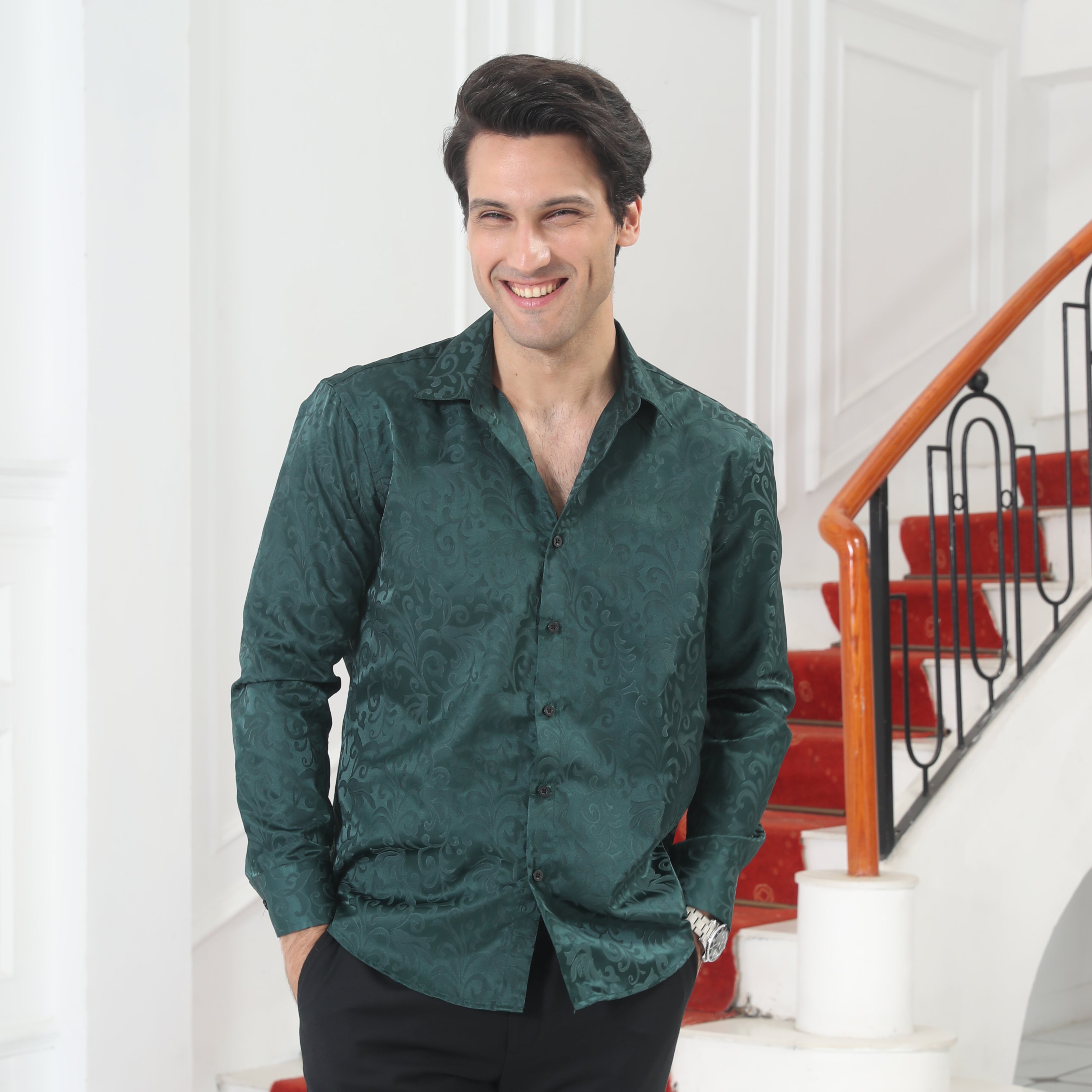 Men's Long Sleeve Shirt With Printing - GREEN-1