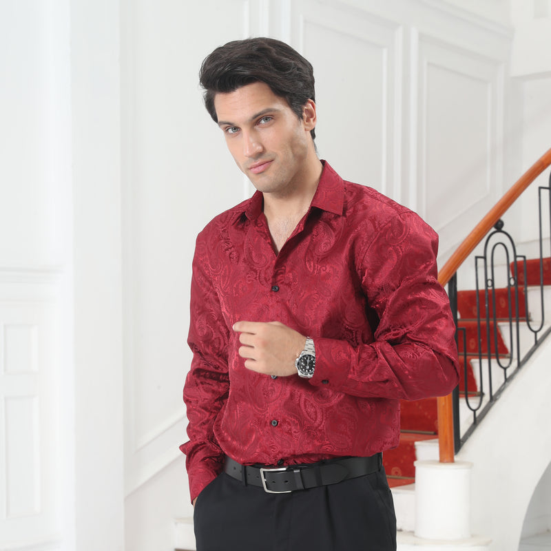 Men's Long Sleeve Shirt With Printing - RED PAISLEY