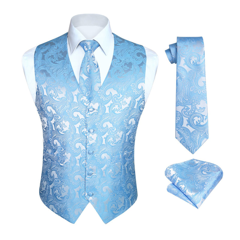 Paisley Floral 3pc Suit Vest Set - LIGHT BLUE