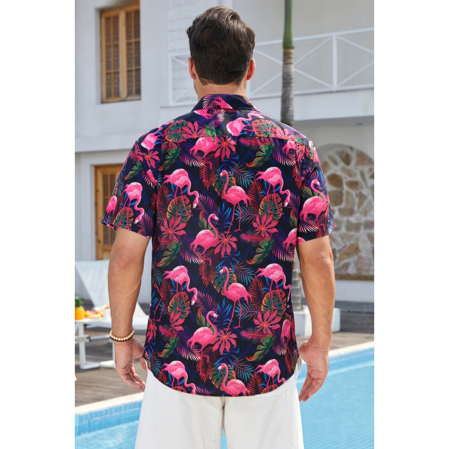 Yellow Black Flamingo Button Up Hawaiian Shirt For Summer Vacation