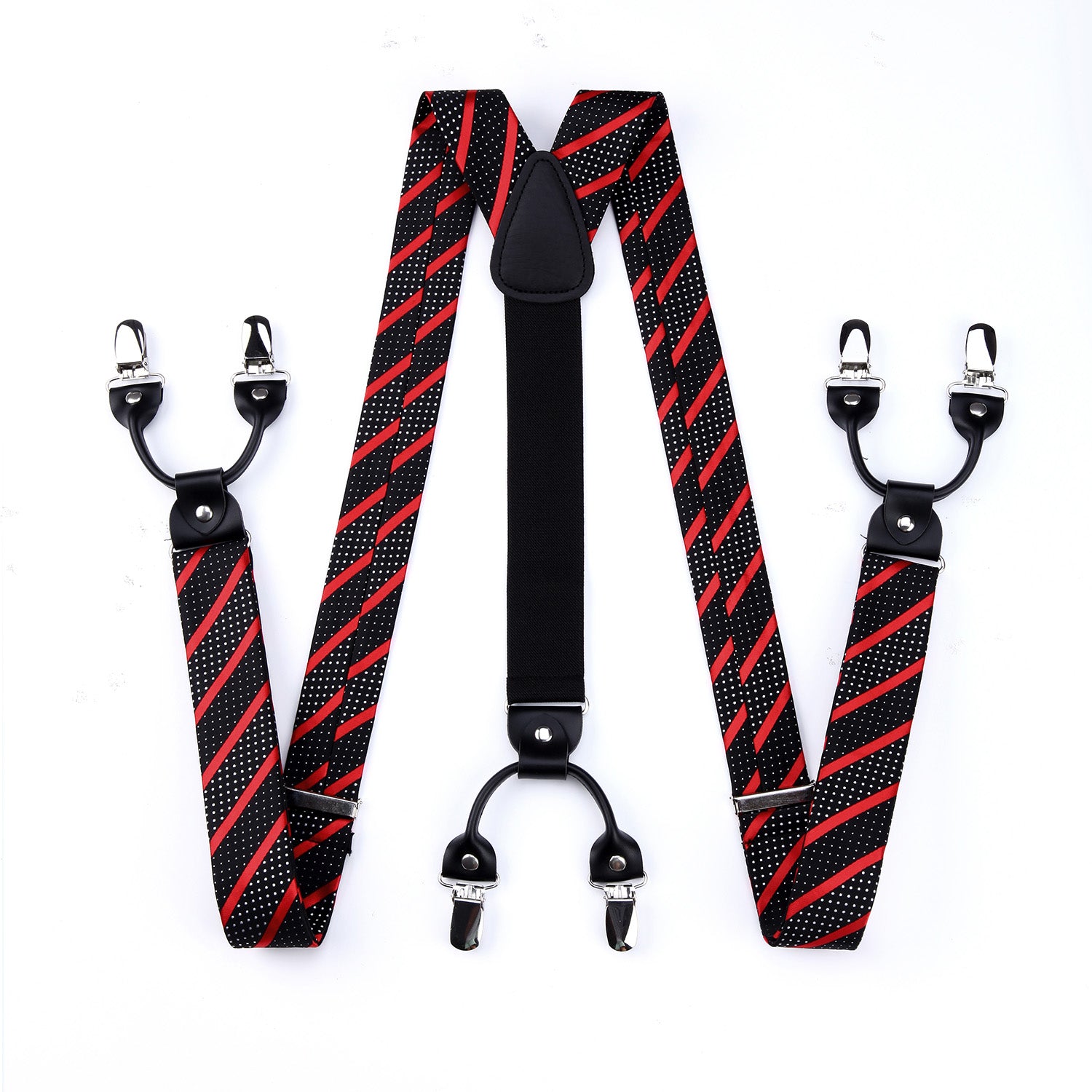 Stripe Suspender Pre-Tied Bow Tie Handkerchief - B1-RED / BLACK