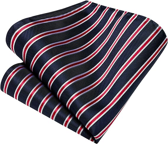 Stripe Tie Handkerchief Cufflinks - B03-NAVY BLUE/RED