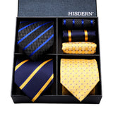 3PCS XL Tie & Pocket Square Set - A4-BLUE/BLACK/YELLOW