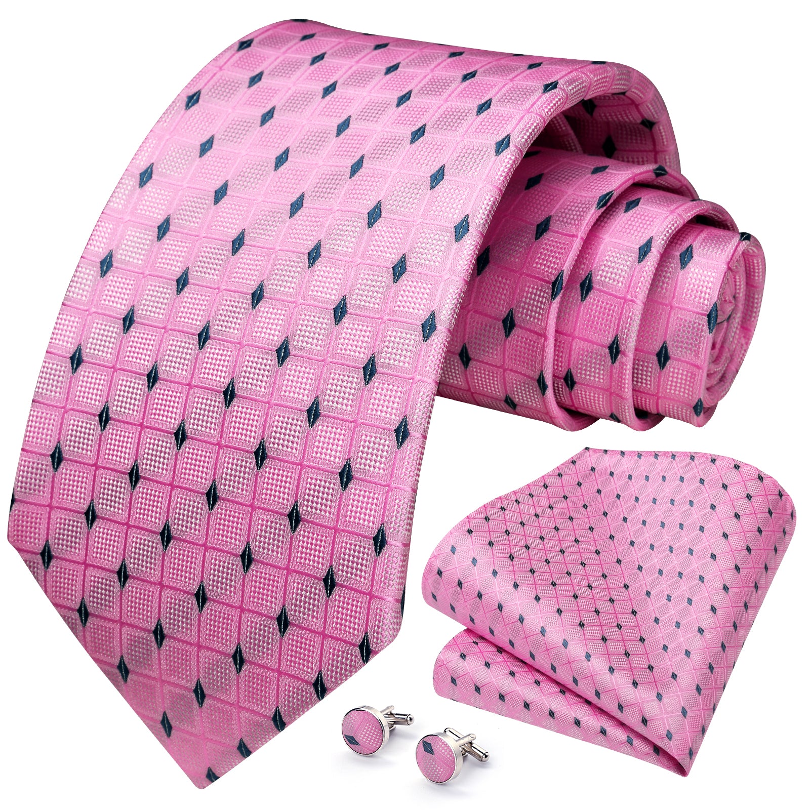 Plaid Tie Handkerchief Set Cufflinks - G1-PINK
