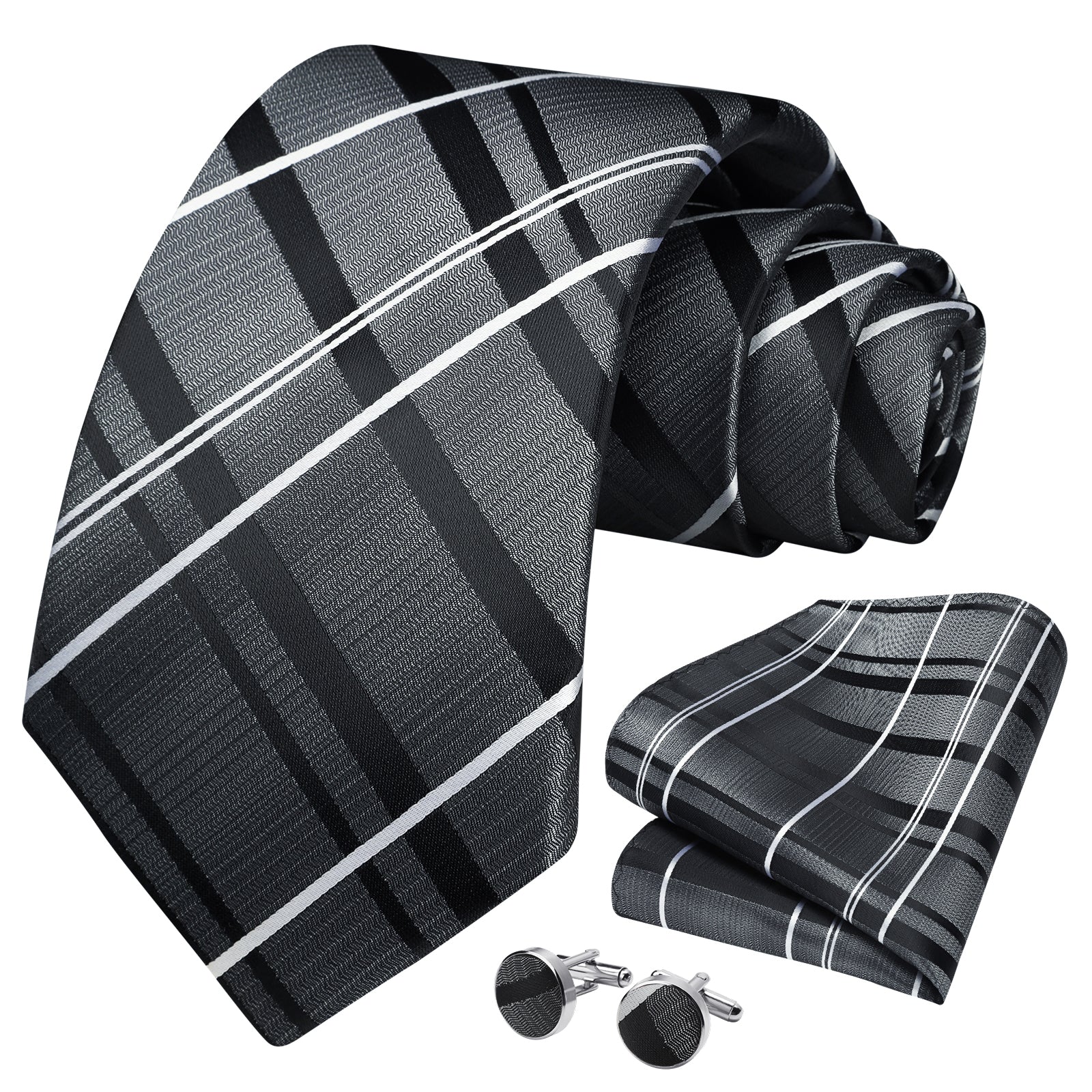 Plaid Tie Handkerchief Set - A1-GREY