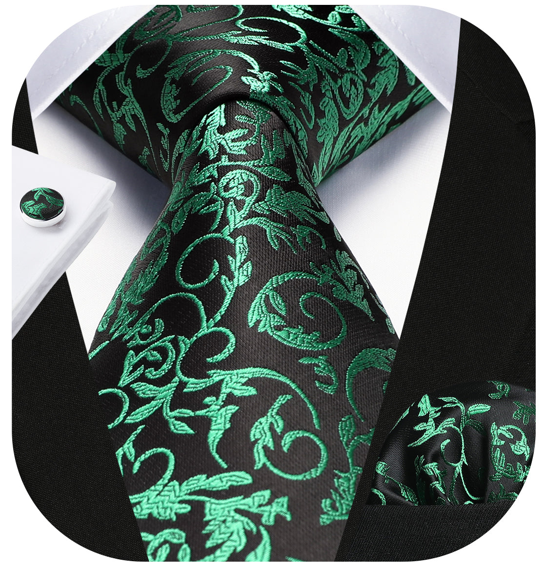 Floral Tie Handkerchief Cufflinks - GREEN-3
