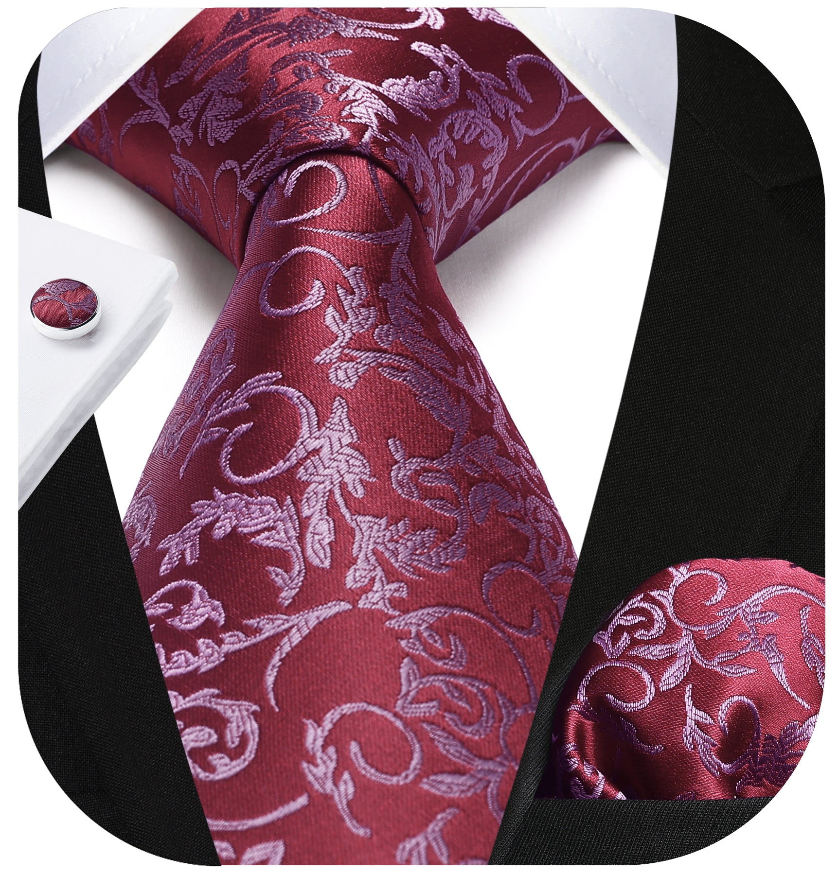 Floral Tie Handkerchief Cufflinks - RED
