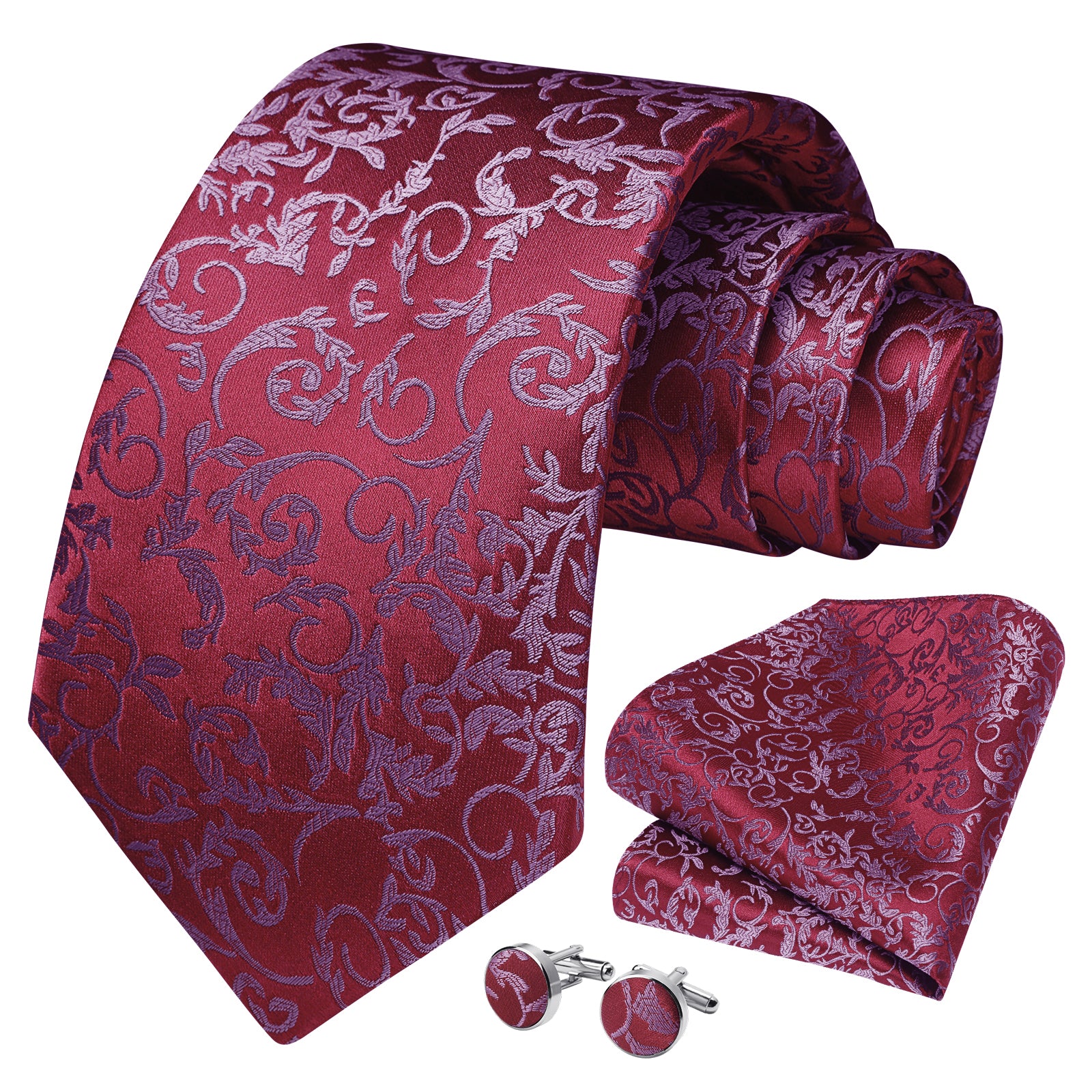 Floral Tie Handkerchief Cufflinks - RED