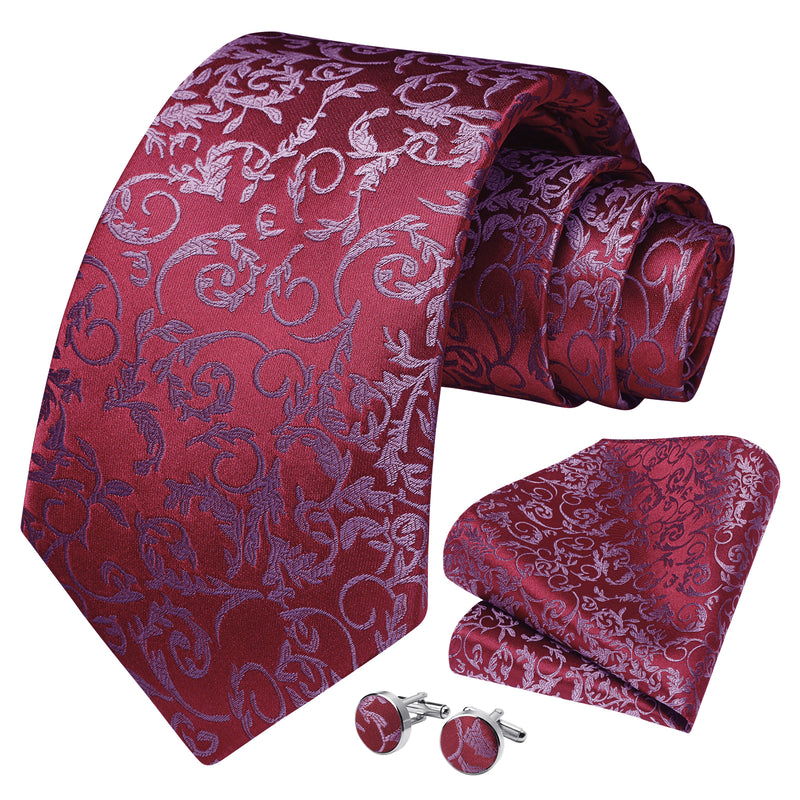 Floral Tie Handkerchief Cufflinks - RED 