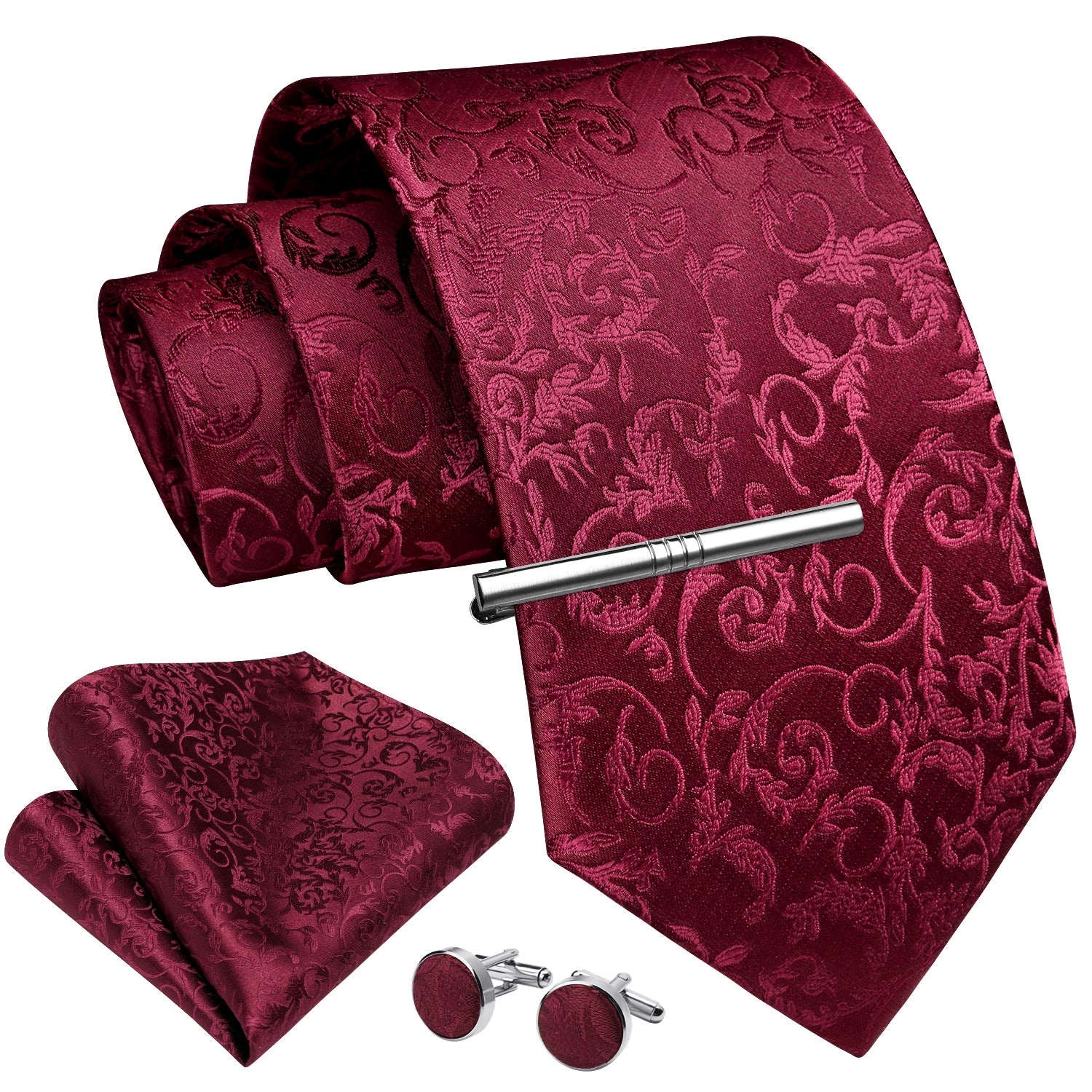 Paisley Tie Handkerchief Cufflinks Clip - D1-BURGUNDY