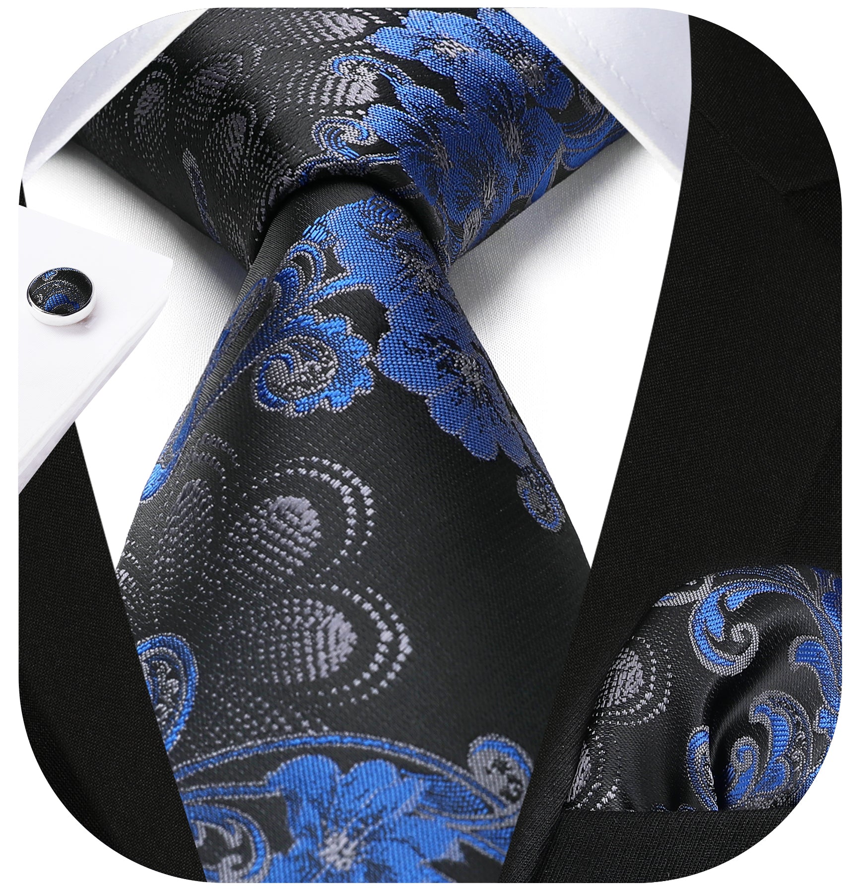 Floral Tie Handkerchief Cufflinks - ROYAL BLUE