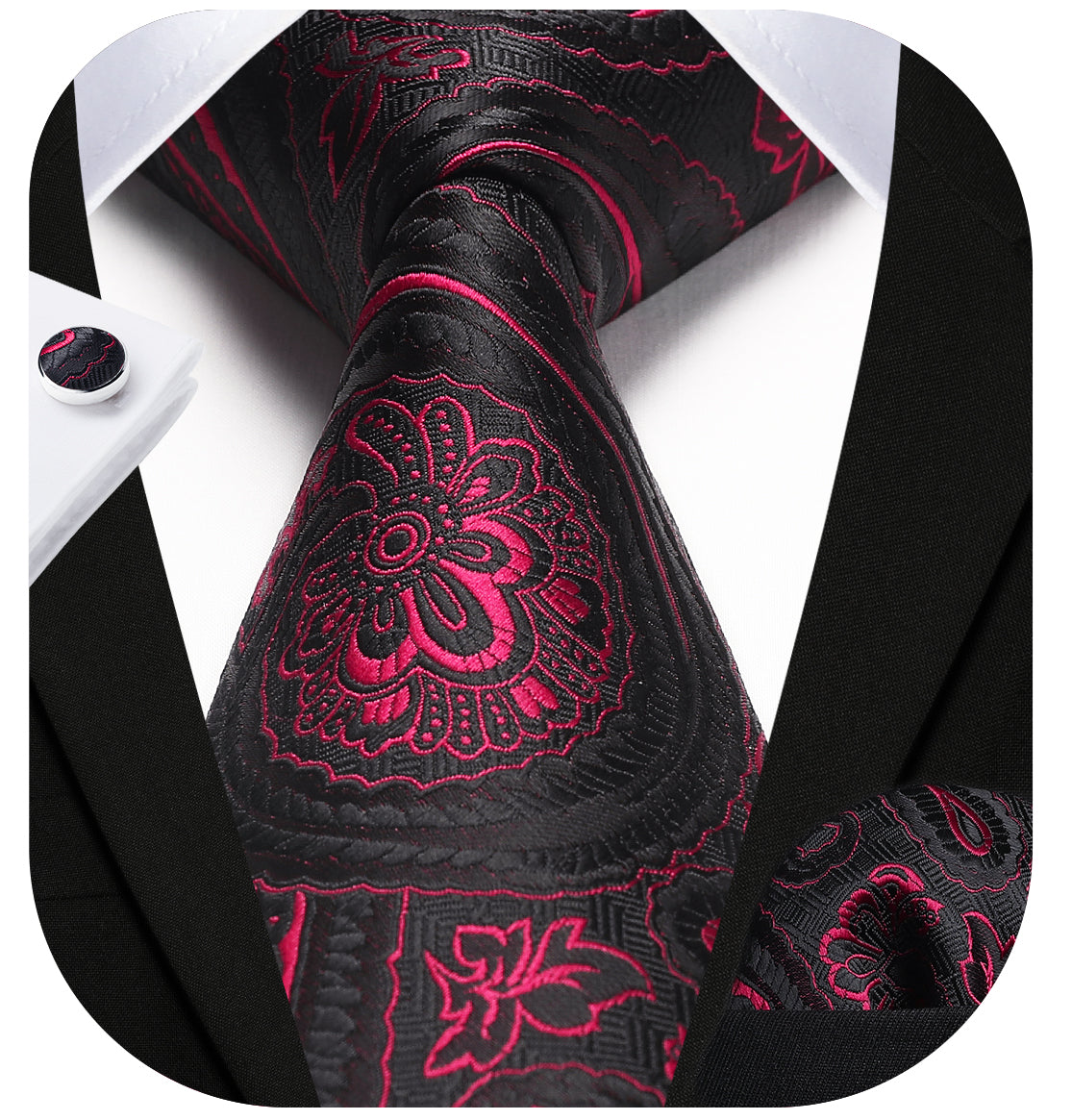 Paisley Tie Handkerchief Cufflinks -  BURGUNDY-2