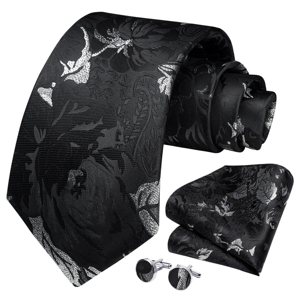 Floral Tie Handkerchief Cufflinks - BLACK 